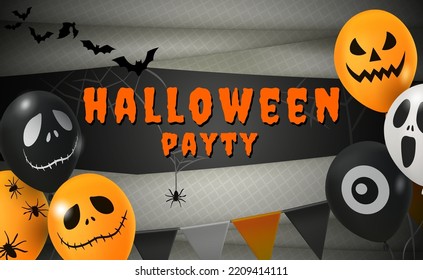 Halloween party night background with mummy cloth Halloween balloons, bats, spider webs. Halloween party invitation template.