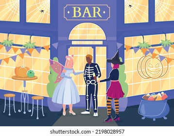 Halloween Party At Night Bar Flat Color Vector Illustration. Friends Wearing Carnival Costumes. Fully Editable 2D Simple Cartoon Characters With Cityscape On Background. Cardo Font Used