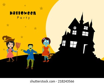 Halloween party night celebration with haunted house and little kids in vampire outfits on yellow and beige background. 