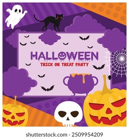 Halloween party with night clouds frame. Halloween elements include a witch's cauldron, pumpkin, skull, bat, and black cat. Halloween Party concept. Flat vector illustration.