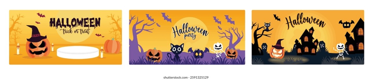 Halloween party in night. Cute skull with a pumpkin and a black cat. Haunted castle with pumpkin and witch hat. Halloween concept. Set flat vector illustration.