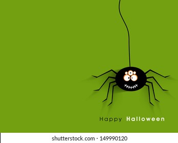 Halloween party night flyer, banner or poster with spider on green background. 