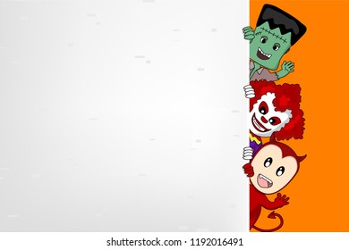 Halloween party night poster design in kid costume in ghost and monster with blank white wall background. Concept for invitation card, poster or banner for Halloween in vector illustration