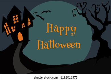 Halloween party night poster design in scary night with haunted castle. Concept for invitation card, poster or banner for Halloween in vector illustration