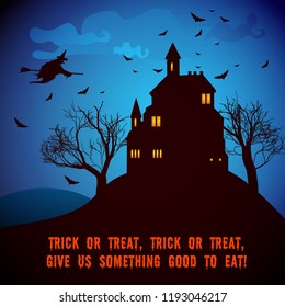 Halloween party night poster with haunted house trees flying bats witch ghosts in cartoon style vector illustration