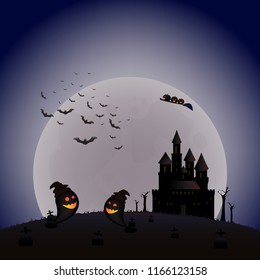 Halloween party in the night scare, Castle bats pumpkins and ghost on pueple moon background