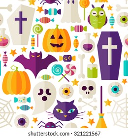 Halloween Party Objects Seamless Pattern over White. Flat Design Vector Seamless Texture Background. Halloween Holiday Template. Trick or Treat