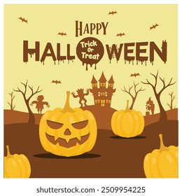 Halloween Party, October 31st. Ghosts, pumpkins and bats on the old house background. Halloween concept. Flat vector illustration.