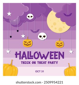 Halloween Party, October 31st. Pumpkins and skulls on a purple background. Halloween Party concept. Flat vector illustration.