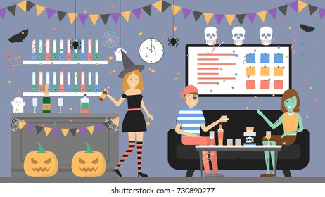 Halloween party at office. People in different costumes have fun.