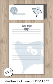 Halloween party office set with stylized funny sketched ghost. Template of envelope and lined empty blank on the wooden background. lettering design. festive halloween elements. party items