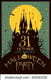 Halloween party with an old Gothic castle in the cemetery on the background of the full moon