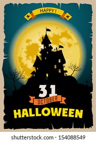 Halloween party. Old poster happy holiday background with moon. Scary mysterious castle