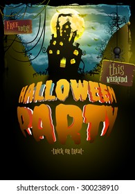 Halloween party. Old poster happy holiday background with moon. Scary mysterious castle. EPS 10 vector file included