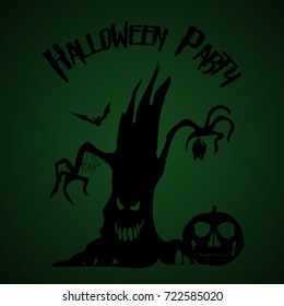 Halloween party. Old tree, pumpkin and bats.  Halloween poster. Vector illustration.