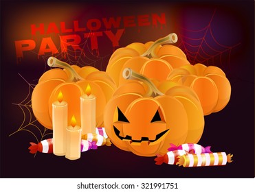 Halloween. Party on Halloween. The composition of pumpkins, candles and sweets. Making invitations, banners, posters. Table decoration. 