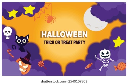 Halloween party on a full moon night. Cute skulls, pumpkins, cats, and spiders in night clouds. Halloween concept. Flat vector illustration.