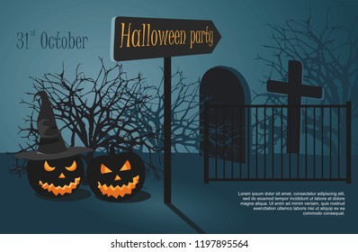Halloween party on night cemetery. Two Scary pumpkin on cemetery background. Vector Illustration