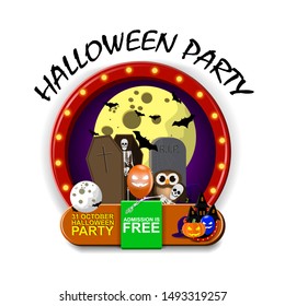 Halloween party on white background, modern discount logo with pumpkin, skeleton, moon, and owl, vector illustration