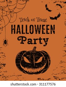 Halloween party. Orange, grunge poster template. Vector illustration.