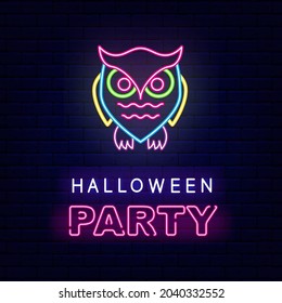Halloween party with owl neon greeting card. Night bright signboard. Outer glowing effect banner. Editable stroke. Isolated vector stock illustration