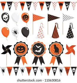 halloween party pack with bunting, balloons and rosettes, isolated on white