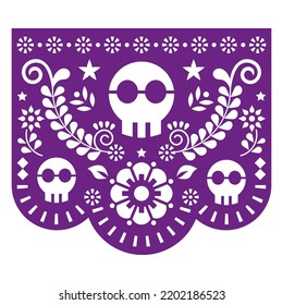 Halloween party Papel Picado decoration with skulls, Mexican fiesta vector design, traditional paper cutout background. Calavera garland decor in purple on white inspired by folk art from Mexico
