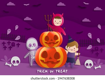 Halloween party in paper art style with childs wearing devil, ghost, witch costume. greeting card and posters. Vector illustration.