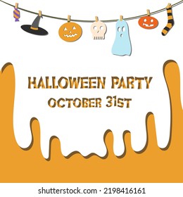 Halloween party paper cut poster with pumpkins, ghosts and skull. Halloween party poster in white and orange colors.