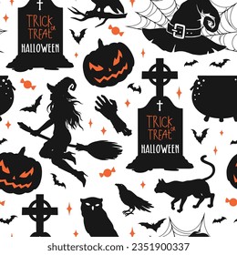 Halloween party pattern seamless colorful with witches and pumpkins near gravestones for greeting card design vector illustration