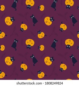 Halloween party pattern. Seamless vector pattern with cute elements - cats, pumpkins, wavy leaves.