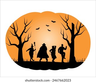 Halloween party. People in Halloween Costumes dance. Halloween Greeting Card template. Black silhouettes of people, trees, bats on orange background in pumpkin shape. Vector illustration