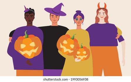 Fiesta de Halloween, gente con disfraces de Halloween. Ilustración de material vectorial plano. Celebrando la noche de Halloween. Cara de calabaza con luz. Un grupo de amigos juntos. Gráficos vectoriales