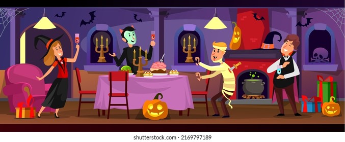 Halloween party with people in scary costumes in a decorated room. Witch, vampire, mummy. Pumpkins, a cauldron with a potion, candles, a witch hat, sweets on a table, bats, web. Vector illustration.