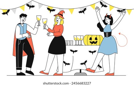 Halloween party people simple. Man and woman with alcoholic drinks. Celebration and festival. Dracula and witch, girl devil. Doodle flat vector illustration isolated on white background