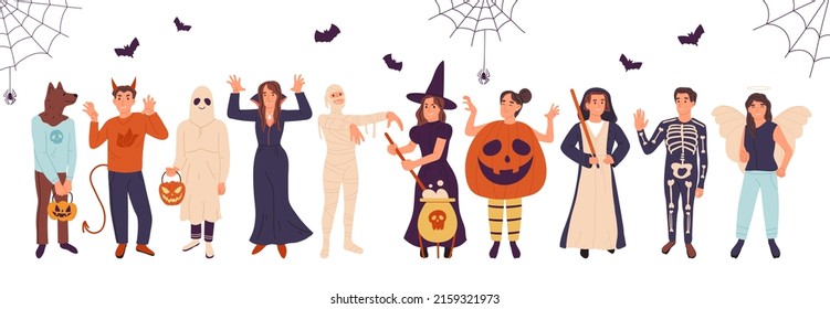 Fiestas de Halloween con disfraces de máscaras, fantasmas, momias y personajes de brujas. Disfraces de eventos festivos espeluznantes de otoño con símbolos vectoriales conjunto de ilustración. Personajes de la mascarada de dibujos animados