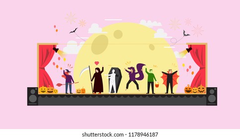 Halloween party performances on stage. Tiny Flat People Character Concepts Vector Illustration, Suitable For Wallpaper, Banner, Background, Card, Book Illustration, And Web Landing Page Concept