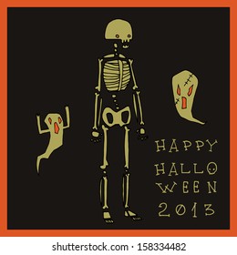 Halloween party postcard invitation. Vector pattern for web page backgrounds, postcards, greeting cards, invitations, pattern fills, surface textures. With skeleton and ghosts,