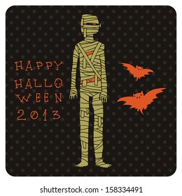 Halloween party postcard invitation. Vector pattern for web page backgrounds, postcards, greeting cards, invitations, pattern fills, surface textures. With mummy and bats.