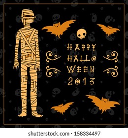Halloween party postcard invitation. Vector pattern for web page backgrounds, postcards, greeting cards, invitations, pattern fills, surface textures. With mummy and bats.