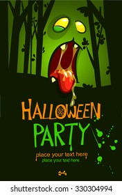 Halloween party postcard vector template, with  zombie face and place for text