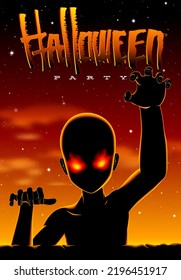 Halloween party poster in 80s horror movies style with crawling zombie or alien creature and neon sunset.