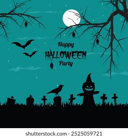 Afiche de la fiesta de Halloween.  Fondo de Halloween con murciélagos y luna. invitación Plantilla de fiesta de halloween con ilustración de cementerio