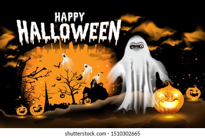 Halloween Party poster . Halloween background with Ghost with pumpkin and silhoette of haunted house, trees, bat. For web, psoter, banner invitation