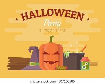 Halloween party poster, banner or background.  Vector flat design illustration with pumpkin, hat, boiler and other elements