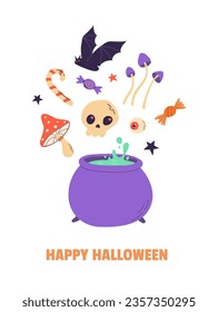 Halloween party poster, banner, card, invitation. Trick or treat. Witch's cauldron, Bat, poison, mushrooms, skull, candy, eye. Vector illustration