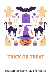 Halloween party poster, banner, card, invitation. Vector illustration. Trick or treat. Bat, pumpkin with witch's hat, ghost, black cat, tombstone, poison