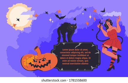 Halloween Party poster or banner with dressed as demon woman and black cat characters on purple background. Halloween cemetery scene layout for invitations and posters, cartoon vector illustration.