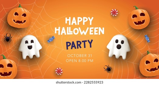 Halloween Party poster banner with pumpkin, ghost, spider, spider web, and candies. Cute calligraphic party text. Vector for banner, background, template, invitation, flyer, website, social media, ad.