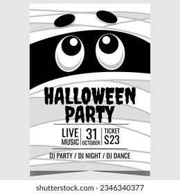 Halloween party poster or banner with spooky cartoon mummy on the background. Vector design template of Halloween flyer to invite friends to celebrate the All Saints' Day on October 31.